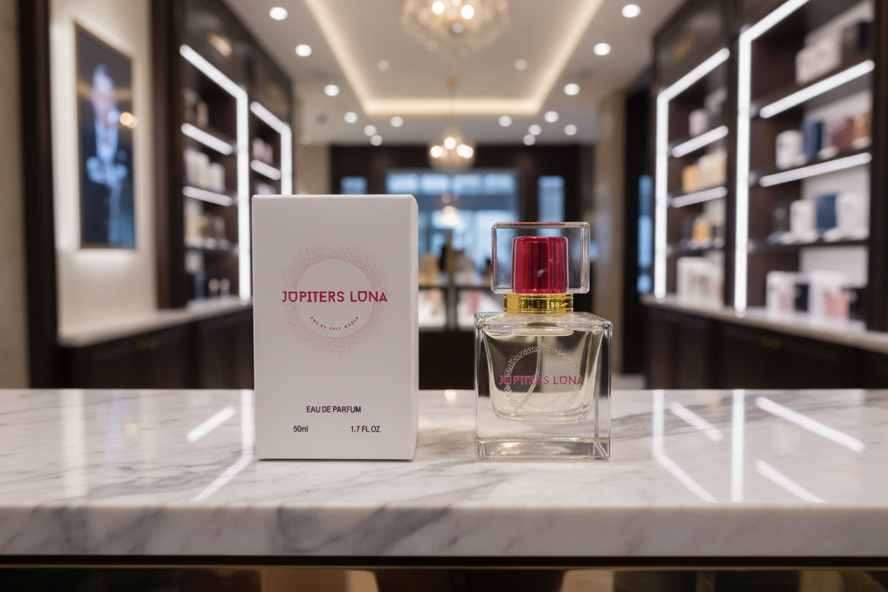 Jupiter's Luna perfume bottle and packaging in a luxury perfume store background