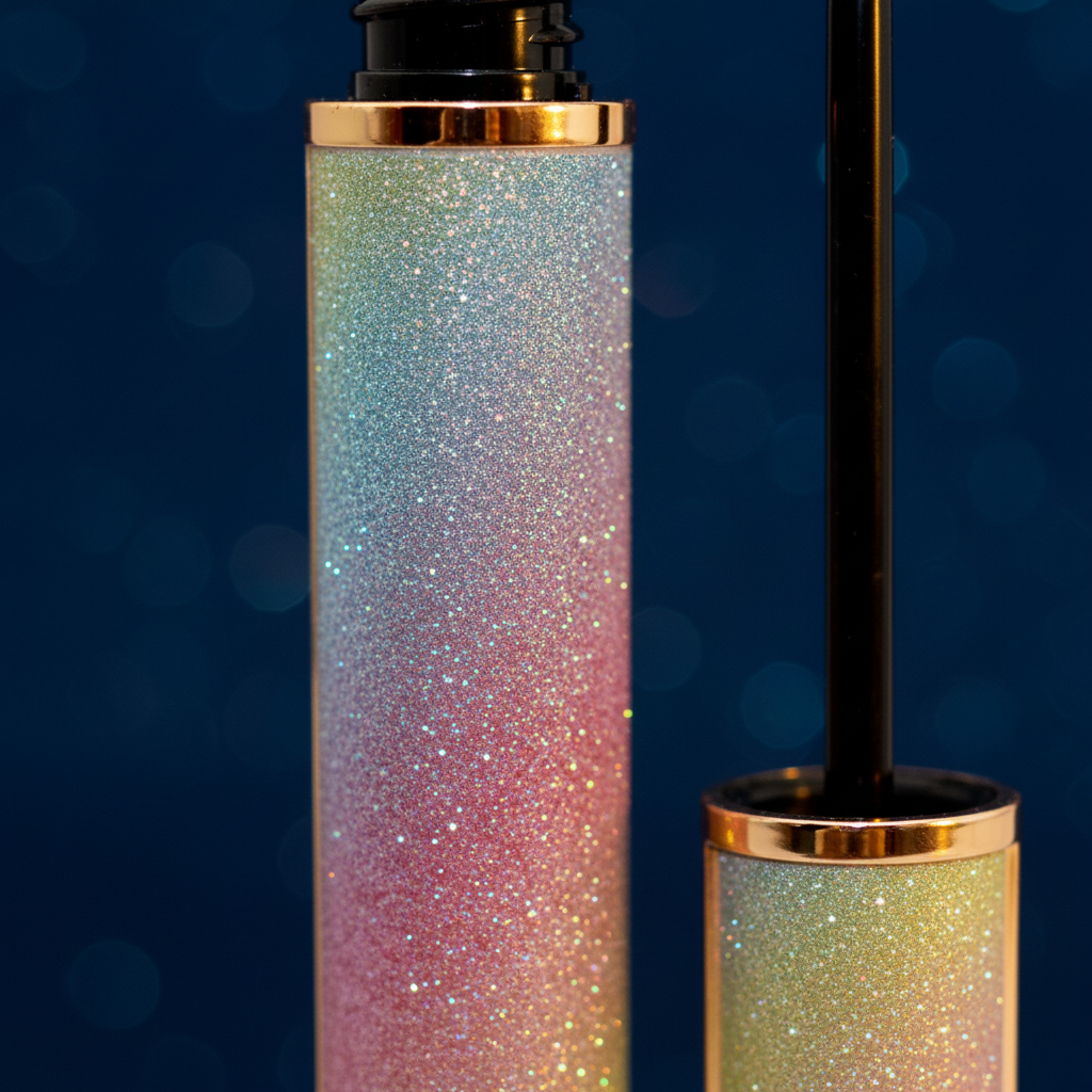 Luna Luxe Mascara - tube close-up macro showing iridescent rainbow glitter surface with gold bands in exquisite detail