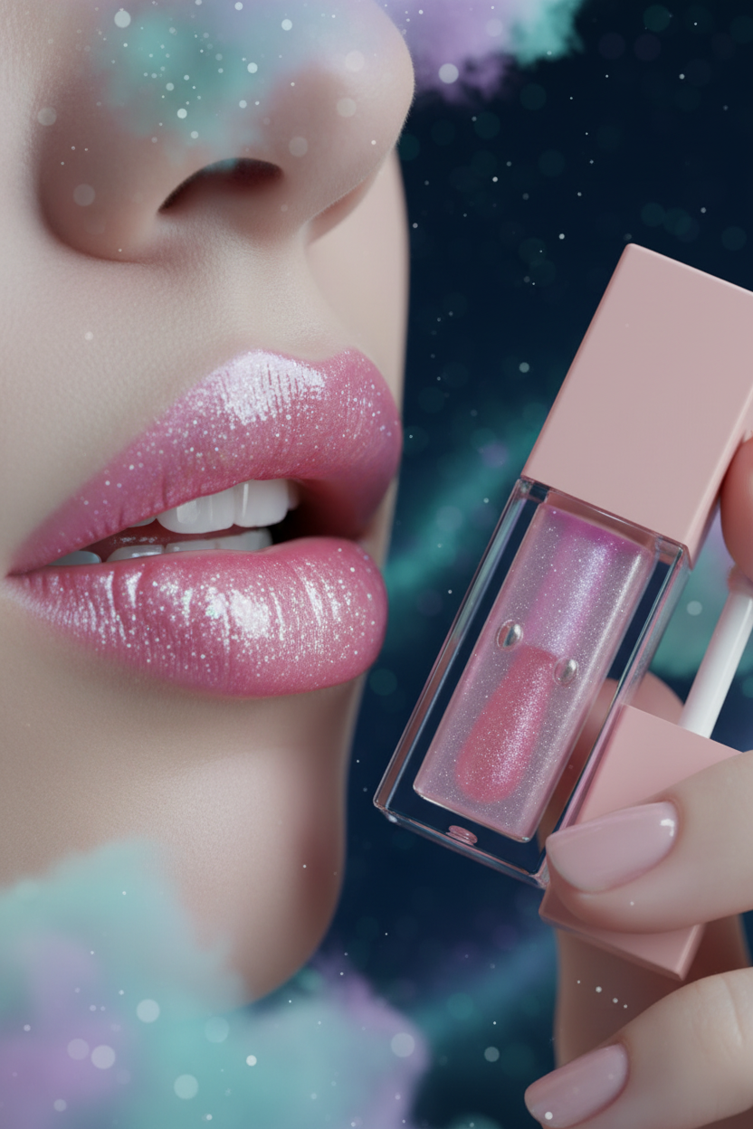 Luna Luxe Ocean Of Stars Lip Gloss – lifestyle lip shot with celestial ocean backdrop