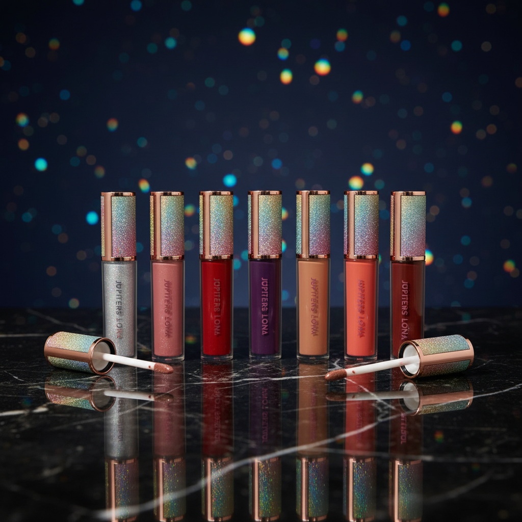 Luna Luxe Stellar Shades Lip Gloss collection - celestial hero shot with all six shades on dark marble