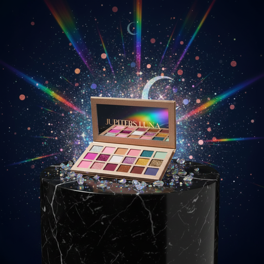 Luna Luxe 18-Shade Eyeshadow Palette – Shimmer & Glitter – celestial luxury editorial product shot