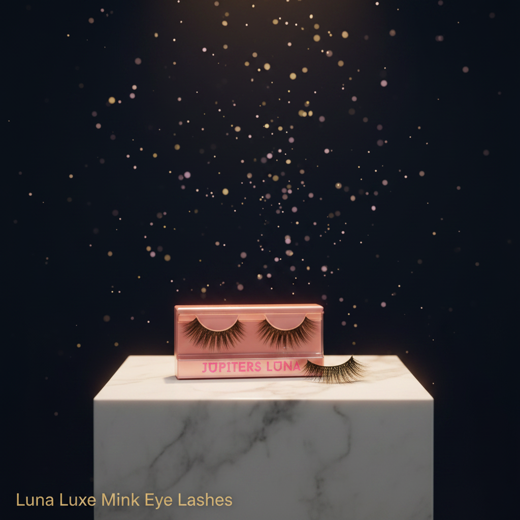Luna Luxe Mink Eye Lashes - hero shot with open lash box and mink lashes on marble pedestal against midnight navy celestial backdrop