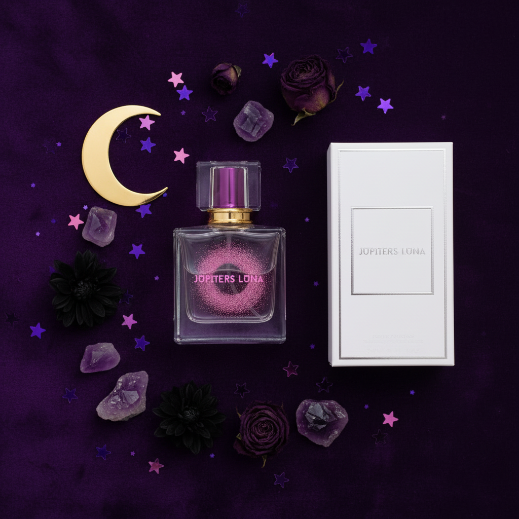 Luna Luxe Nebula Nectar Eau de Parfum - flat lay on cosmic purple velvet with amethyst crystals and gold celestial props