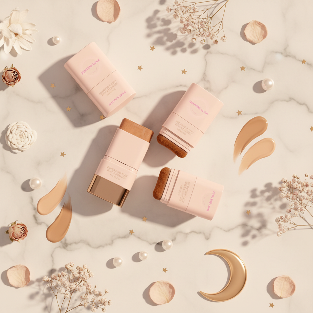 Luna Luxe Foundation Stick - flat lay on cream marble with pearl beads and gold celestial props