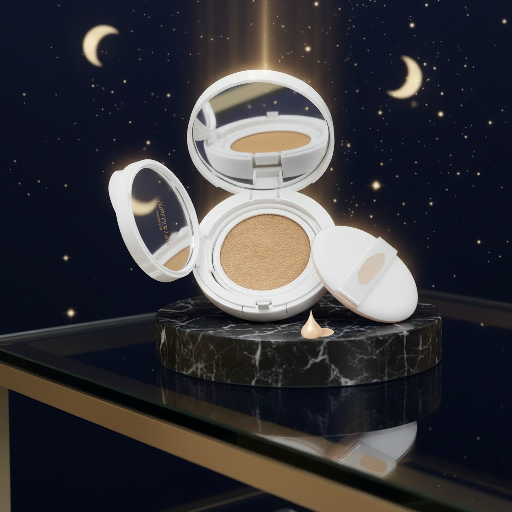 Luna Luxe Cushion Foundation – Luminous, Buildable Coverage, celestial luxury editorial product shot