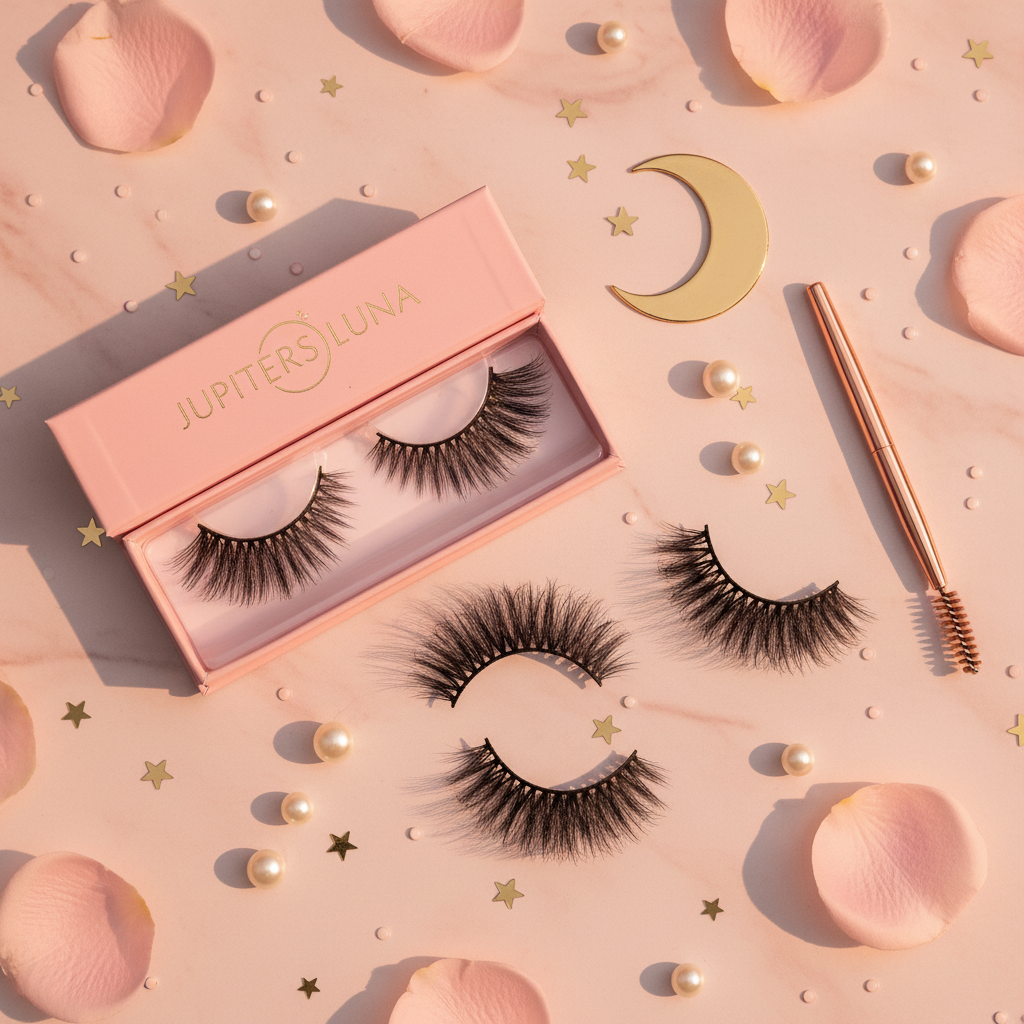 Luna Luxe Mink Eye Lashes - flat lay on blush marble with open box, two lash pairs, rose petals and gold celestial props