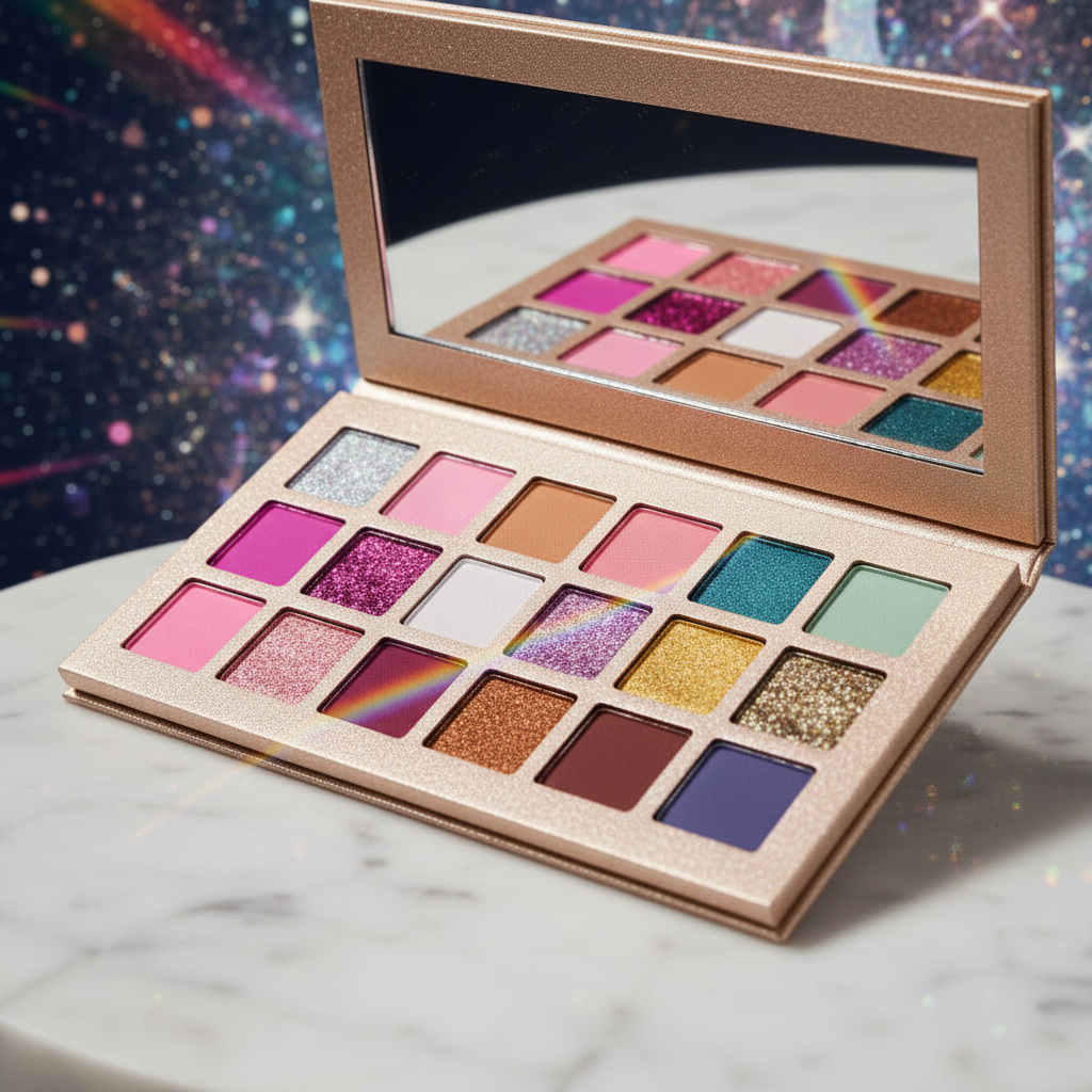Luna Luxe 18-Shade Eyeshadow Palette – Shimmer & Glitter – close-up macro glitter and shimmer swatch detail