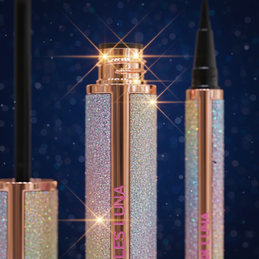 Luna Luxe Mascara and Eyeliner Duo - packaging close-up showing iridescent holographic glitter and rose gold accents