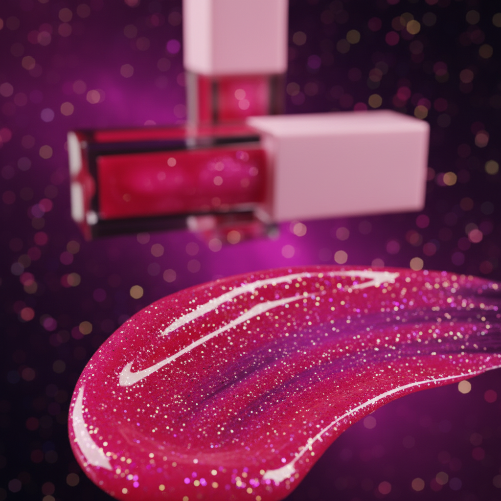 Luna Luxe Jupiter Lip Gloss - formula close-up with hot pink glitter and gold sparkle