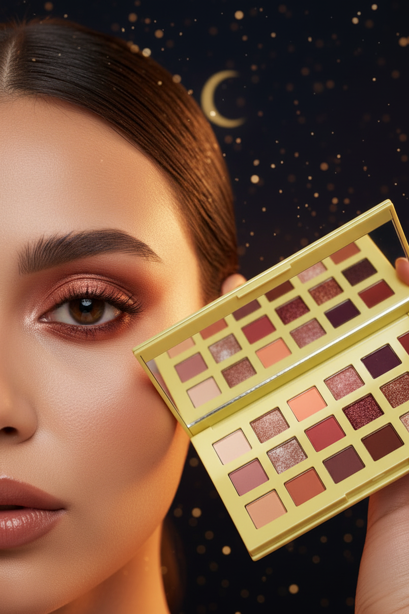Luna Luxe 18-Shade Eyeshadow Palette – Earth Tones & Nudes – lifestyle warm earth tone eye look shot