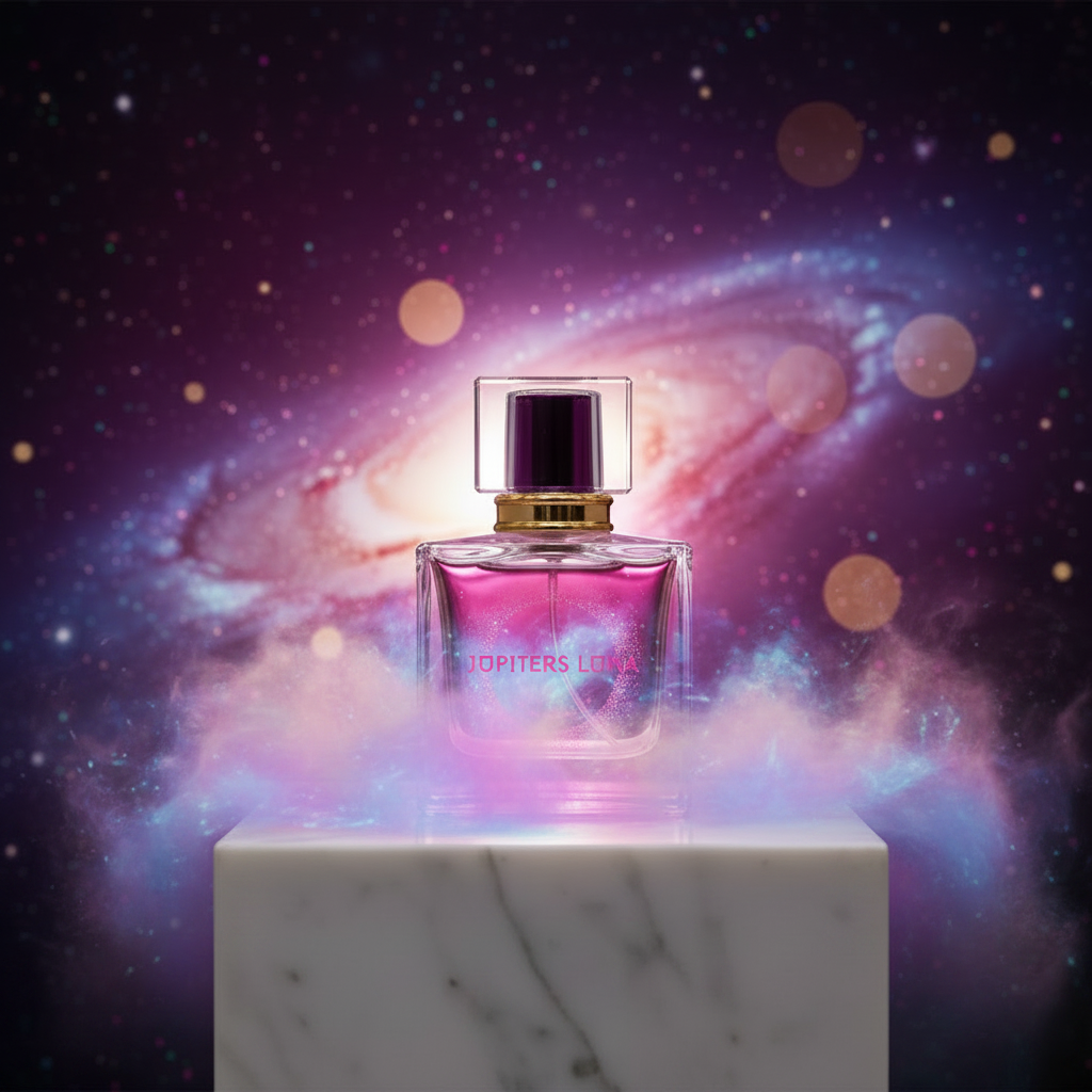 Luna Luxe Nebula Nectar Eau de Parfum – close-up glass and cosmic mist macro shot
