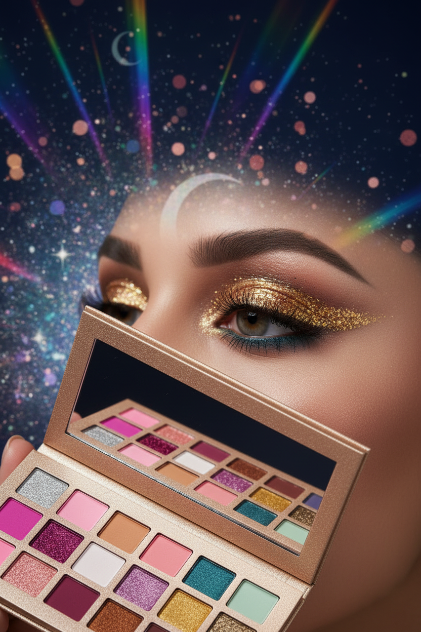 Luna Luxe 18-Shade Eyeshadow Palette – Shimmer & Glitter – lifestyle multi-color glitter eye look shot