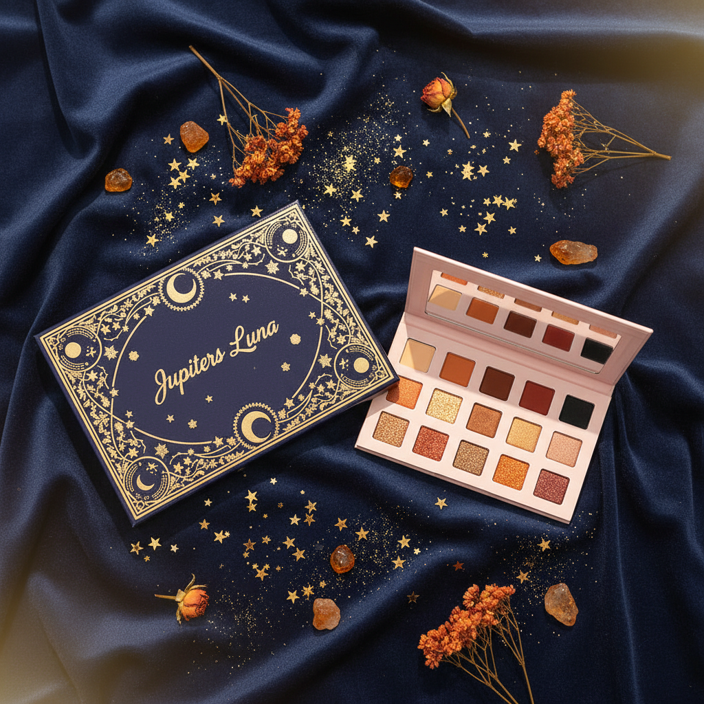 Luna Luxe Cosmic Moon Dust 15 Shade Eyeshadow Palette – celestial flat lay with citrine crystals and warm florals