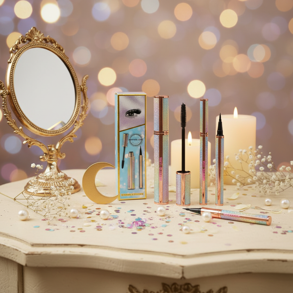 Luna Luxe Mascara and Eyeliner Duo - vanity lifestyle shot with gold mirror, pearl beads and candlelight