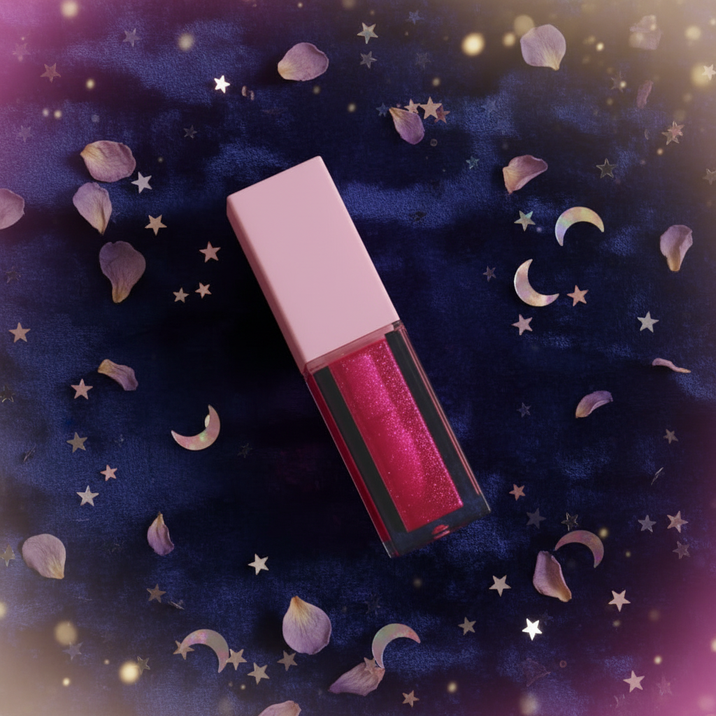 Luna Luxe Jupiter Lip Gloss – celestial flat lay with star and moon confetti