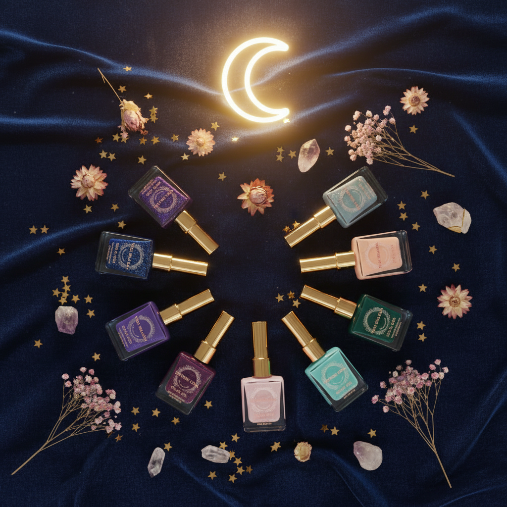 Luna Luxe Gel Nail Polish – all 8 shades in crescent flat lay
