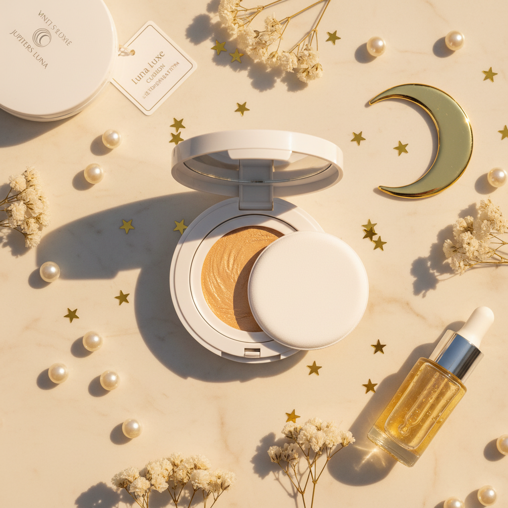 Luna Luxe Cushion Foundation - flat lay on cream marble with pearl beads and gold celestial props