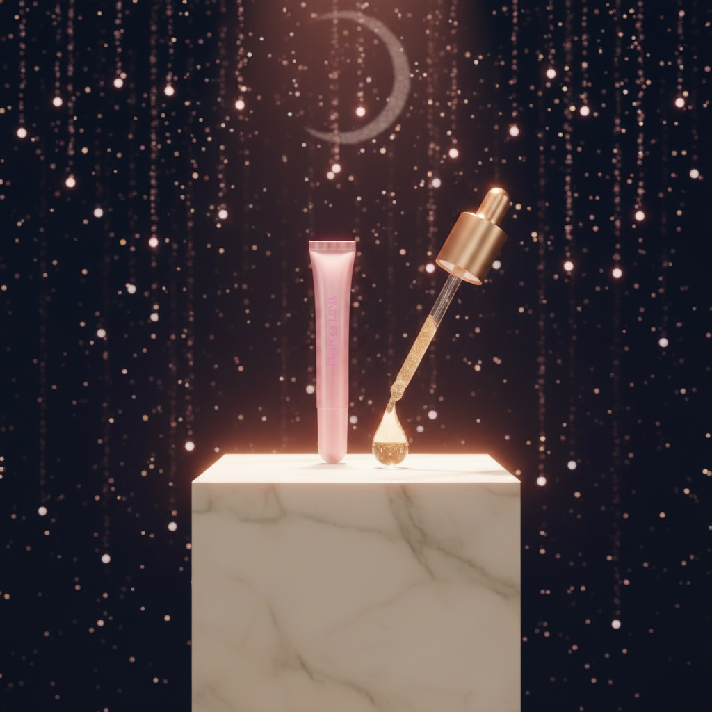 Luna Luxe All-Natural Lip Oil – 24-Hour Hydration – close-up golden oil drop macro shot