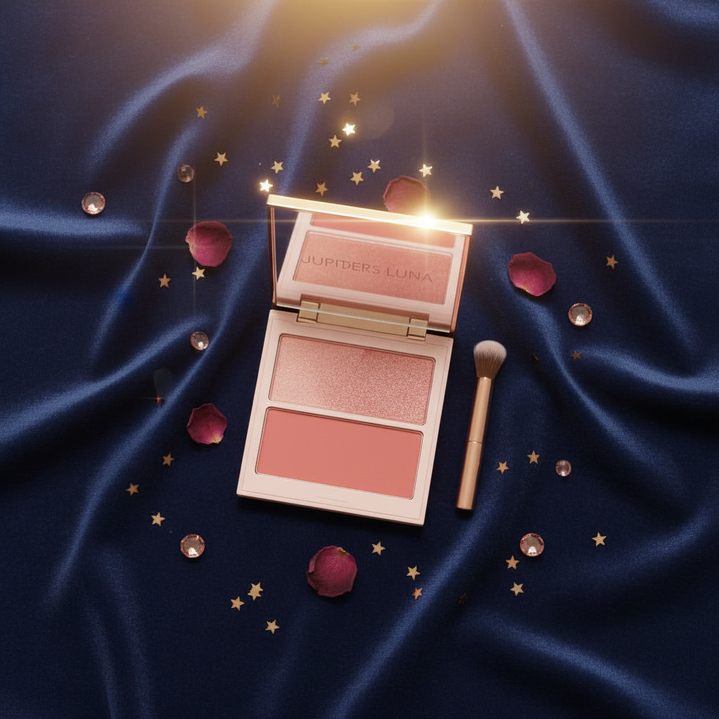 Luna Luxe Duo Blush Palette – celestial flat lay with star confetti and rose petals