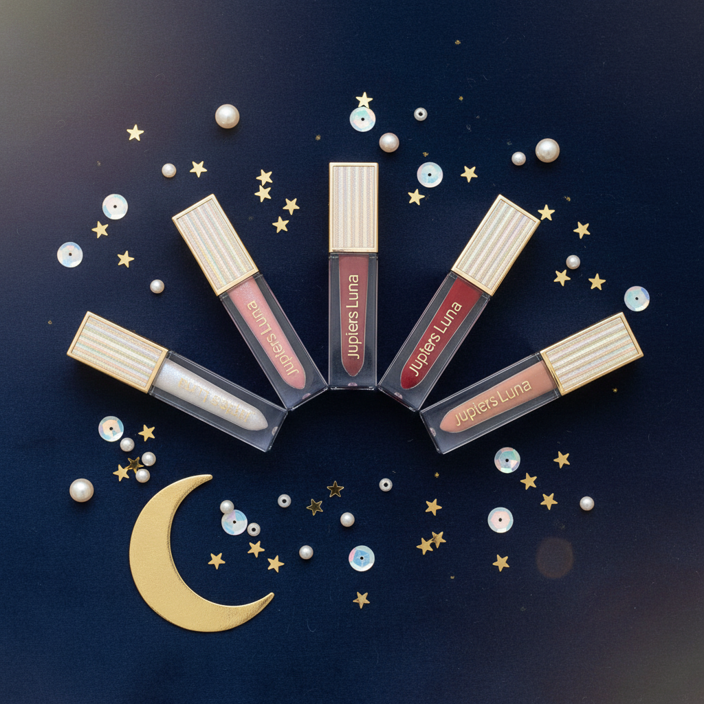 Luna Luxe Starry Lipgloss - collection flat lay with five shades in fan formation on navy velvet with gold stars and crescent moon