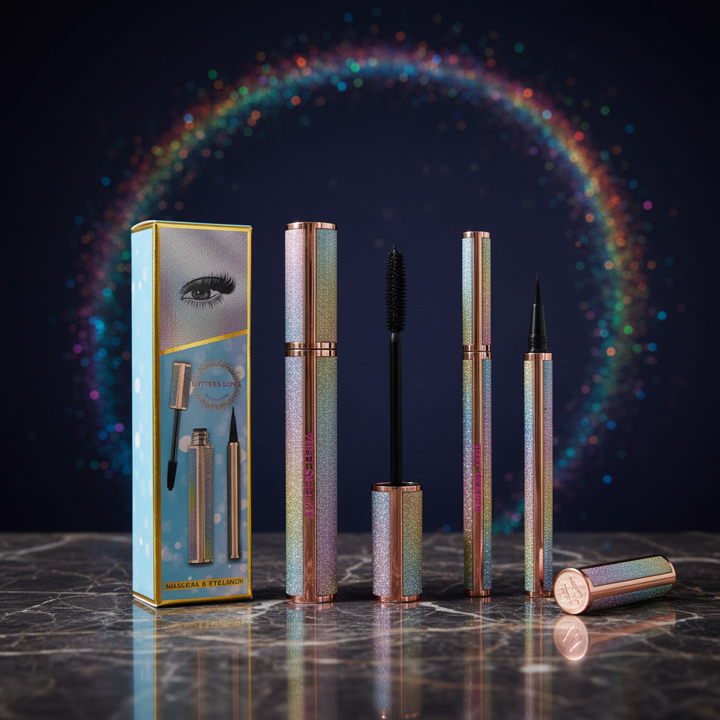 Luna Luxe Mascara and Eyeliner Duo - celestial hero shot with both tubes open on dark marble with holographic bokeh backdrop