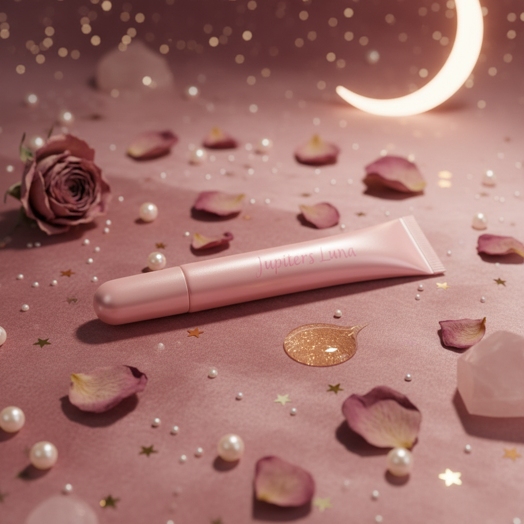 Luna Luxe All-Natural Lip Oil – 24-Hour Hydration – rose quartz and petal flat lay
