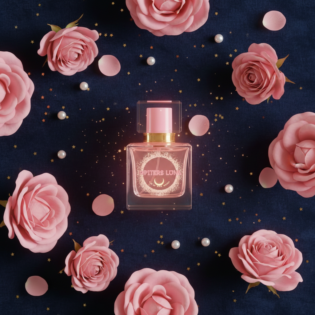 Luna Luxe Lunar Rose Eau de Parfum – rose bloom flat lay with pearls and star confetti