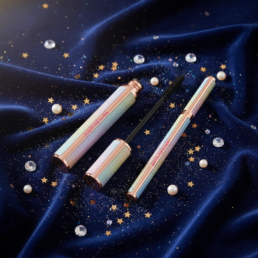 Luna Luxe Mascara & Eyeliner Duo – holographic duo flat lay with crystals and glitter
