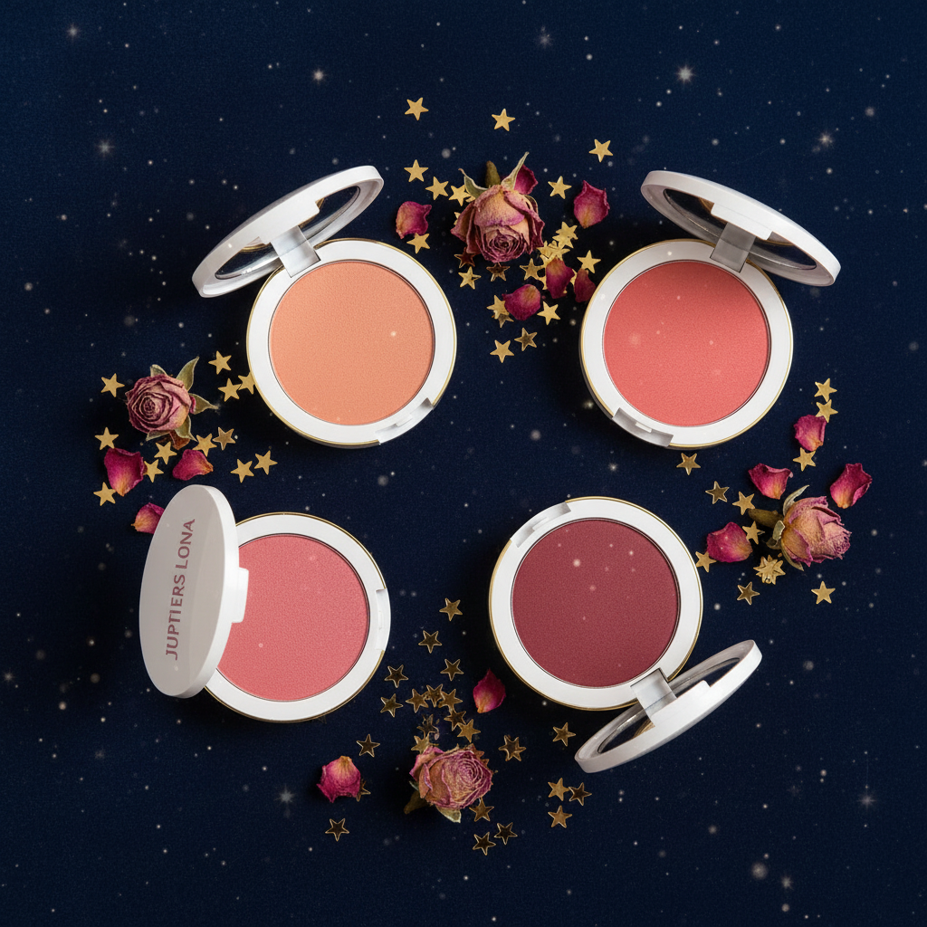 Luna Luxe Buildable Blush Powder – all 4 shades flat lay in crescent moon formation