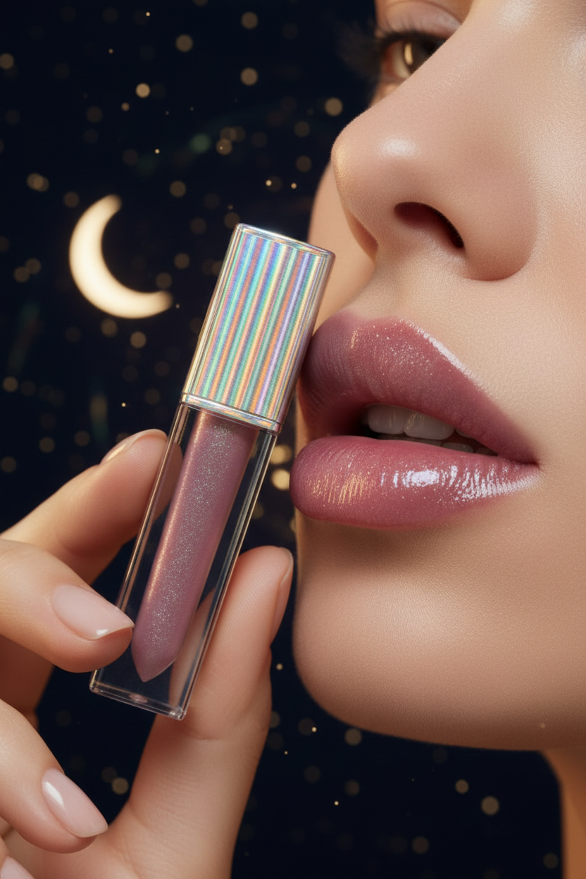 Luna Luxe Starry Lipgloss: 3-in-1 Shine – lifestyle high-shine glossy lips shot