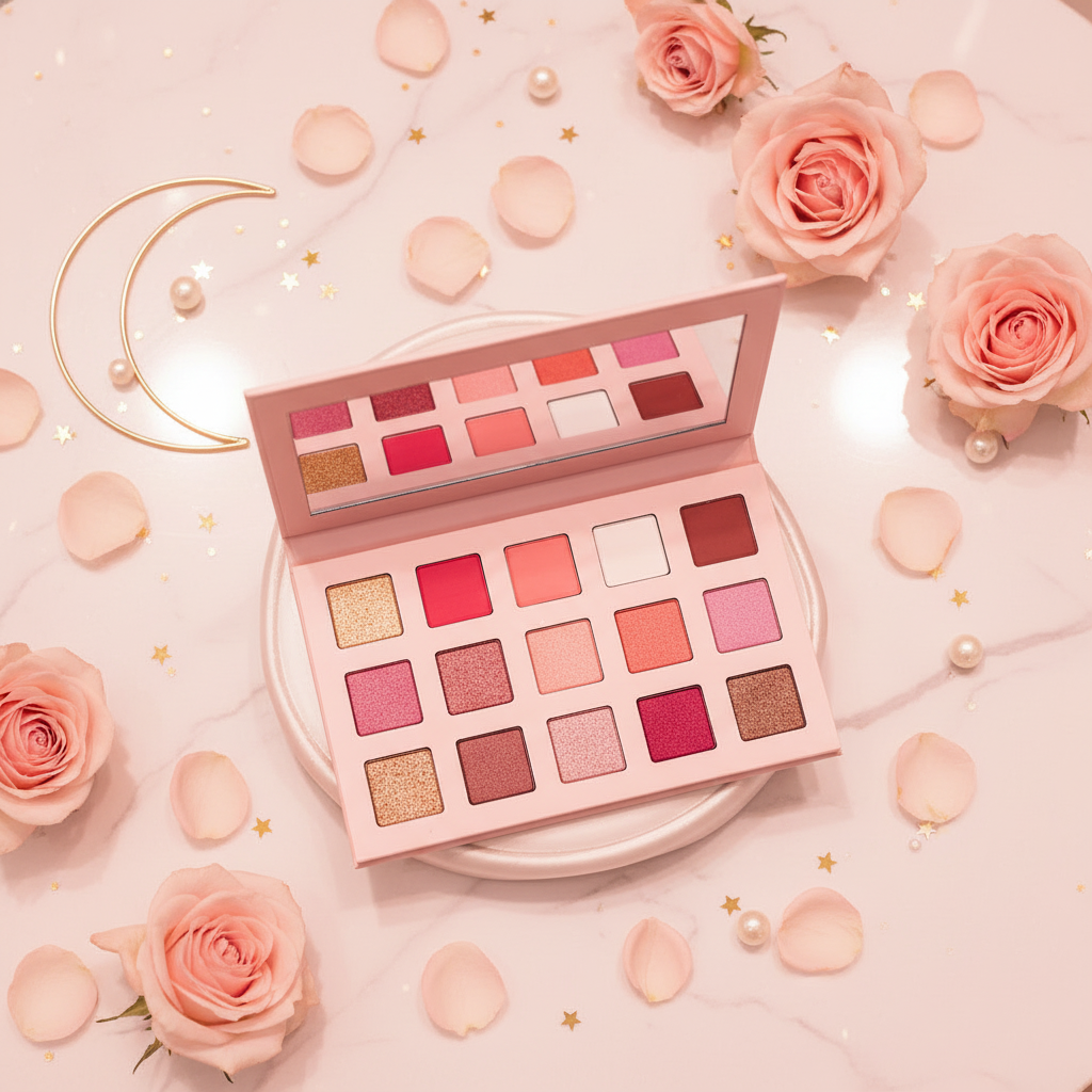 Luna Luxe Cosmic Pink 15 Shade Eyeshadow Palette - flat lay with pink roses and gold accents
