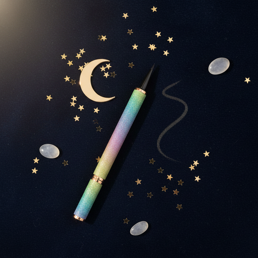 Luna Luxe Precision Liquid Eyeliner - flat lay on navy velvet with celestial props
