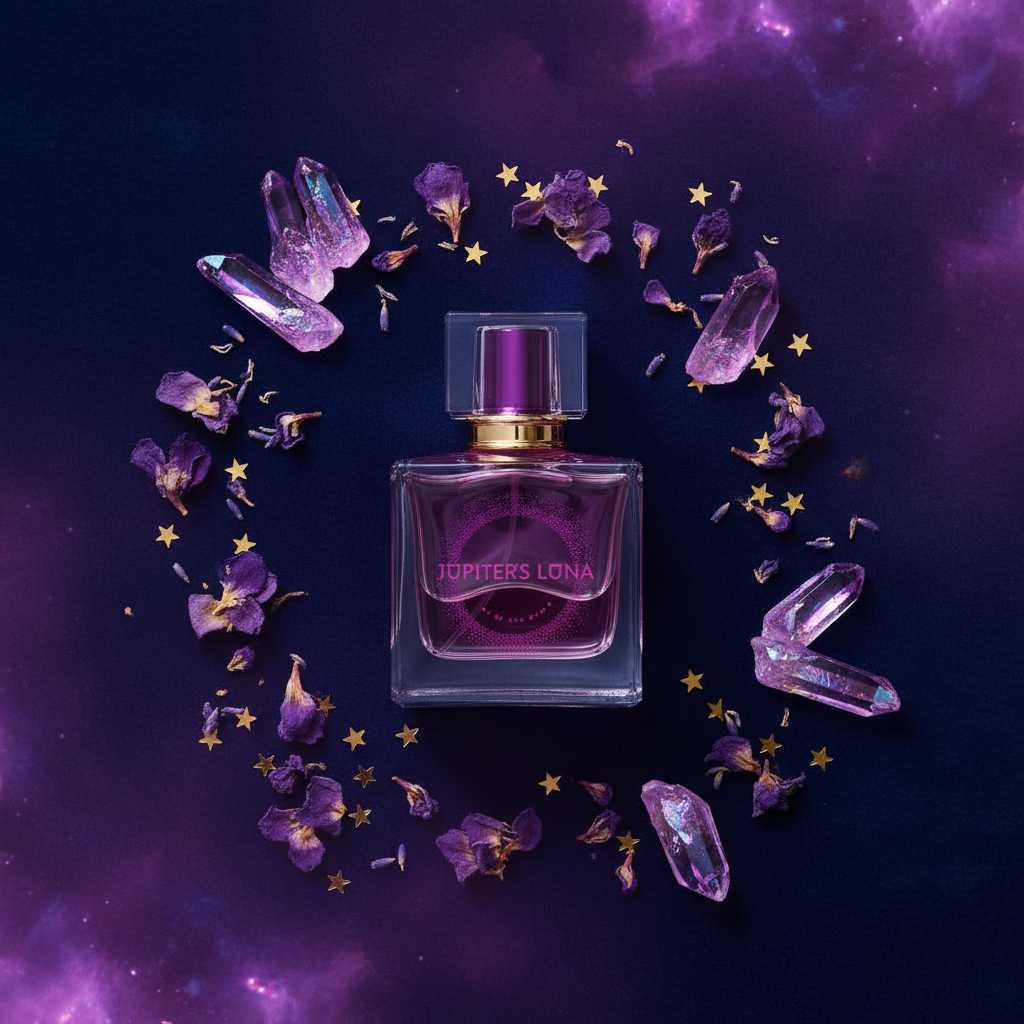 Luna Luxe Nebula Nectar Eau de Parfum – nebula flat lay with crystals and violet florals