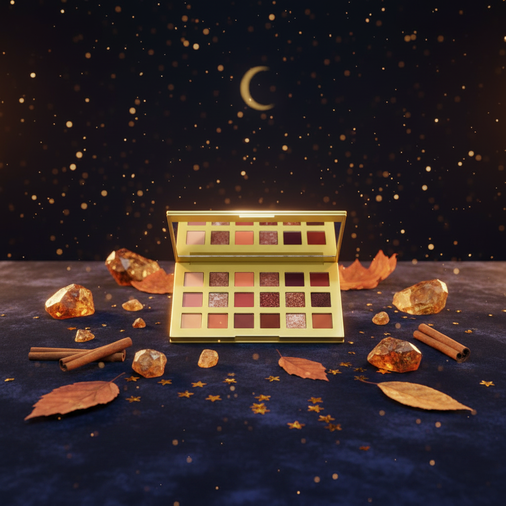 Luna Luxe 18-Shade Eyeshadow Palette – Earth Tones & Nudes – autumn botanicals and amber crystal flat lay