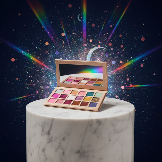 Luna Luxe 18-Shade Eyeshadow Palette Shimmer & Glitter - improved hero shot on marble pedestal with all pans blazing with iridescent rainbow light against midnight navy backdrop