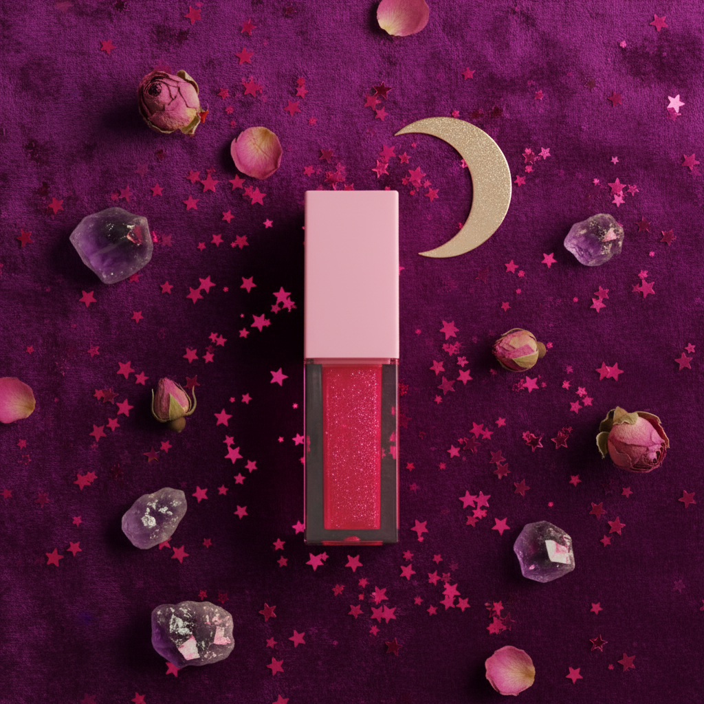 Luna Luxe Jupiter Lip Gloss - flat lay on cosmic purple velvet with pink roses and gold celestial props