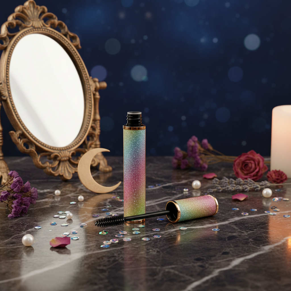 Luna Luxe Mascara - vanity lifestyle shot on dark marble with gold mirror, iridescent sequins and crescent moon prop