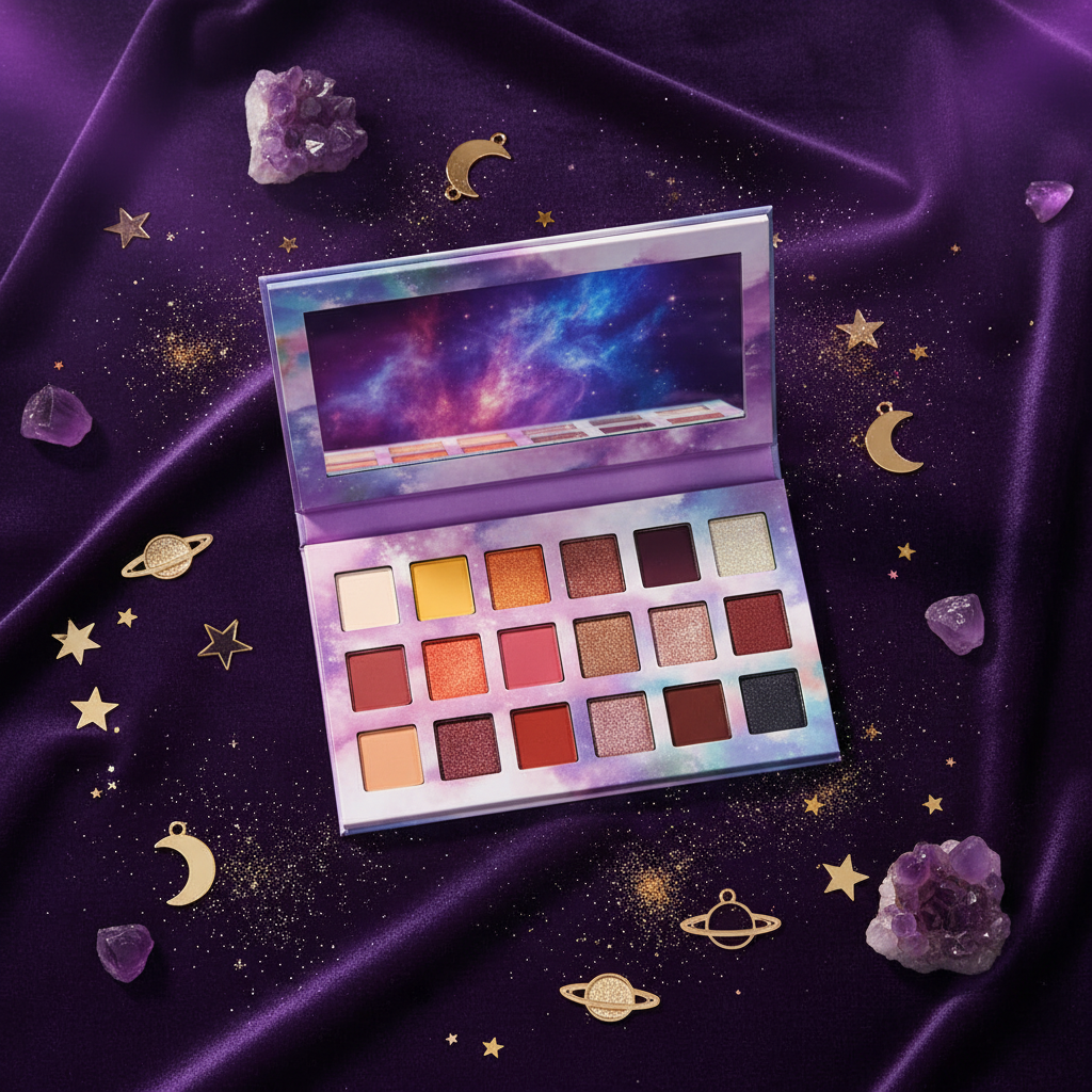 Luna Luxe 18-Shade Eyeshadow Palette – Jupiter & Moons Collection – moon charms and amethyst crystal flat lay