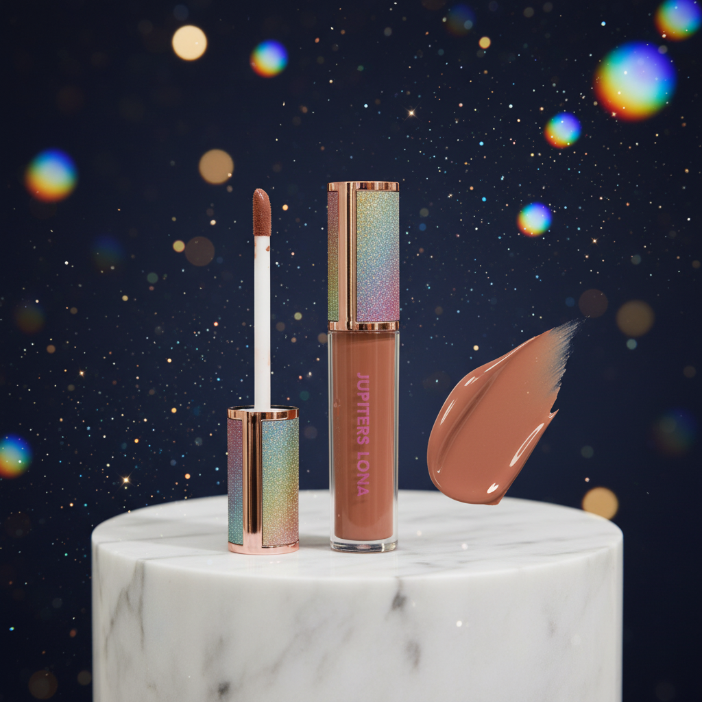 Luna Luxe Stellar Shades Lip Gloss - improved hero shot with holographic glitter cap and rose gold accents on marble pedestal