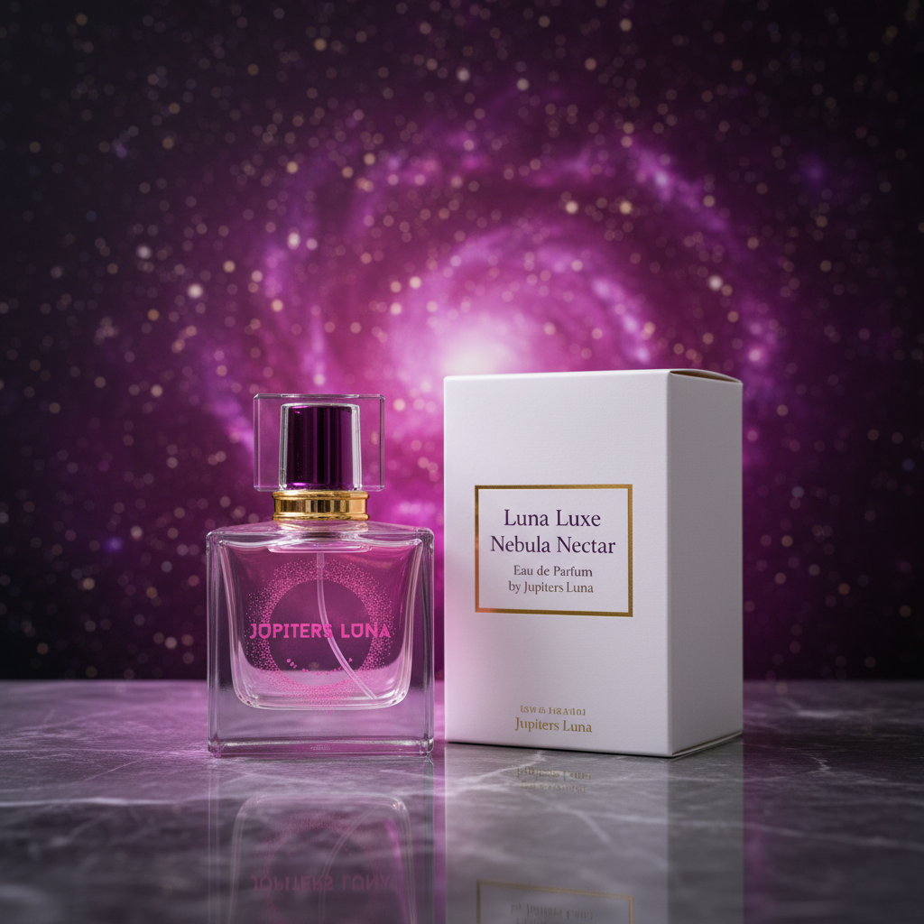 Luna Luxe Nebula Nectar Eau de Parfum - cosmic hero shot with bottle and gift box on dark marble with nebula backdrop