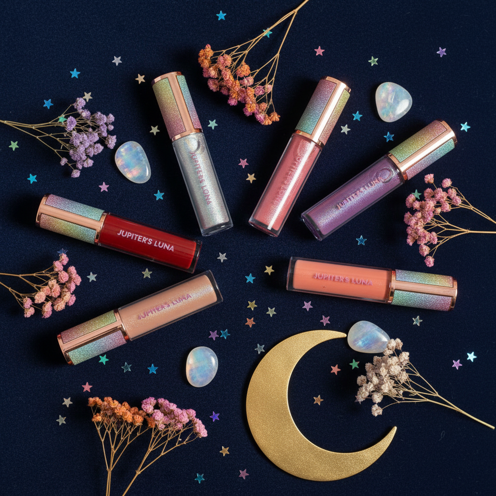 Luna Luxe Stellar Shades Lip Gloss collection - flat lay on navy velvet with rainbow moonstones and gold celestial props