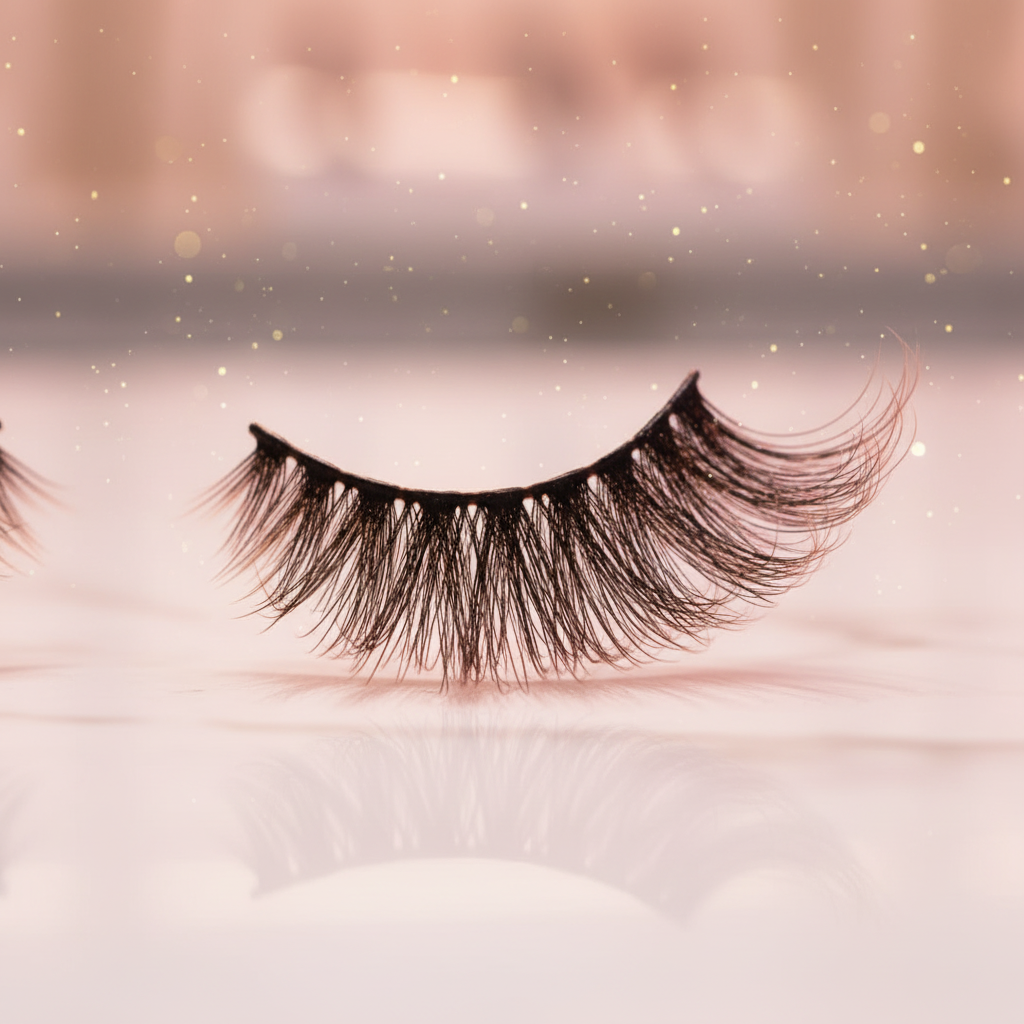 Luna Luxe Mink Eye Lashes - close-up macro of single lash pair on white marble showing natural feathery texture and dramatic curl