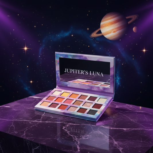 Luna Luxe 18-Shade Eyeshadow Palette – Jupiter & Moons Collection – cinematic deep space editorial product shot