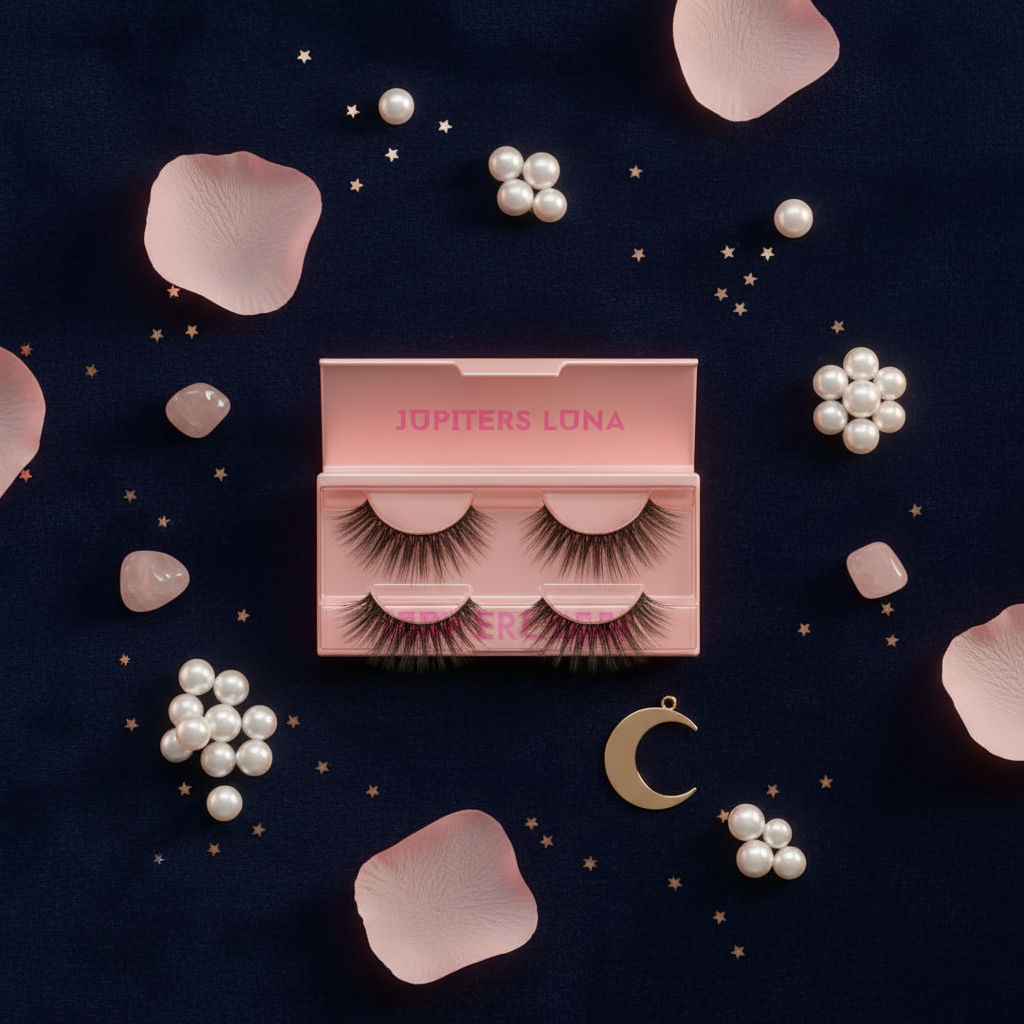 Luna Luxe Mink Eye Lashes – rose quartz and crescent moon charm flat lay