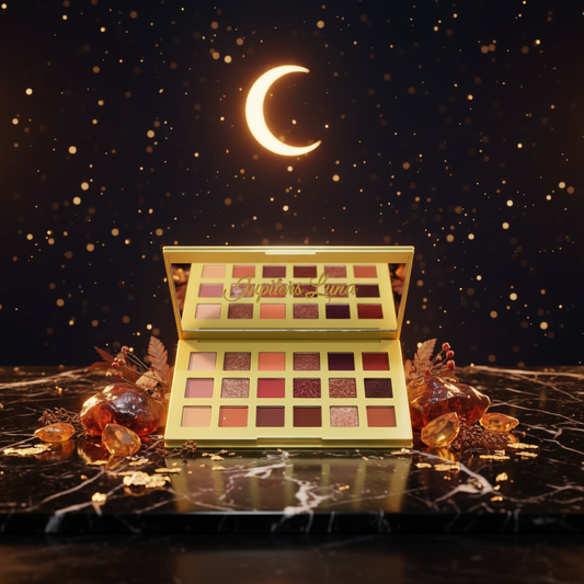 Luna Luxe 18-Shade Eyeshadow Palette – Earth Tones & Nudes – celestial luxury editorial product shot