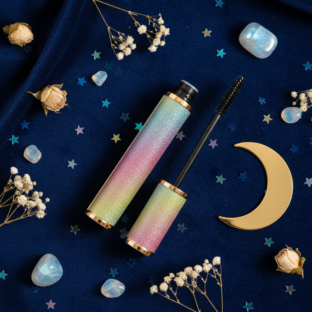 Luna Luxe Volumizing Mascara - flat lay on navy velvet with rainbow moonstones and gold celestial props