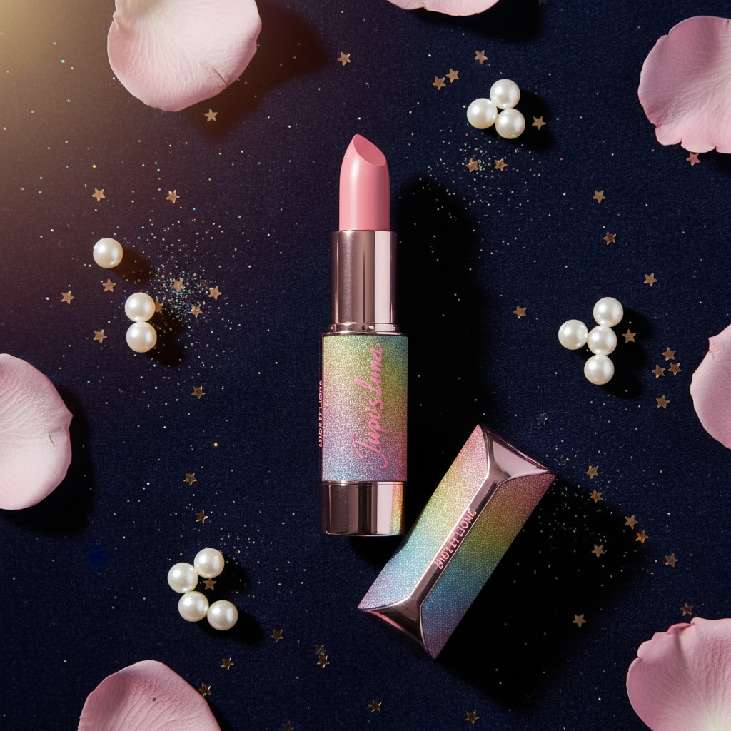 Luna Luxe Creamy Lipstick – Luminous Finish – rose petal and pearl flat lay