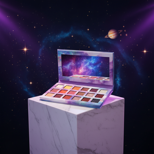 Luna Luxe 18-Shade Eyeshadow Palette Jupiter & Moons Collection - hero shot on marble pedestal with open galaxy palette dramatically backlit in purple, blue and gold with nebula clouds