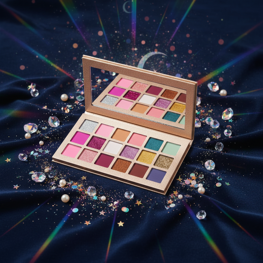 Luna Luxe 18-Shade Eyeshadow Palette – Shimmer & Glitter – prismatic crystal and holographic glitter flat lay