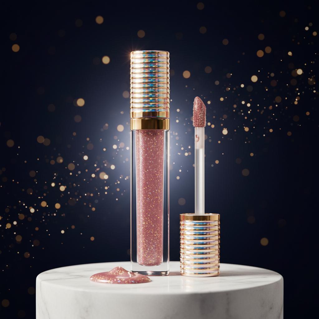 Luna Luxe Starry Lipgloss - hero shot on marble pedestal with glowing mauve-pink formula against starry midnight navy backdrop